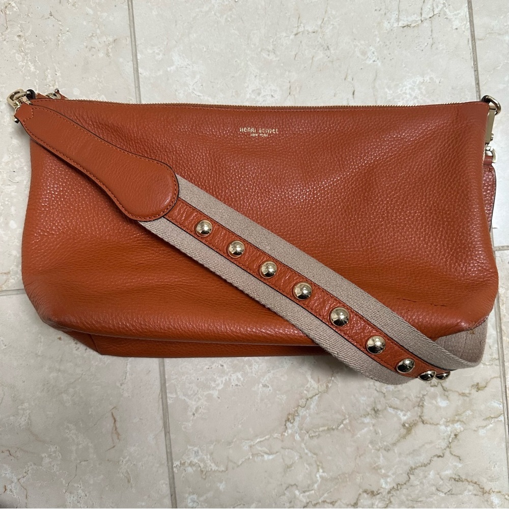Henri Bendel Pebble Leather Grommet 
Shoulder‎ Bag Cognac Brown Color